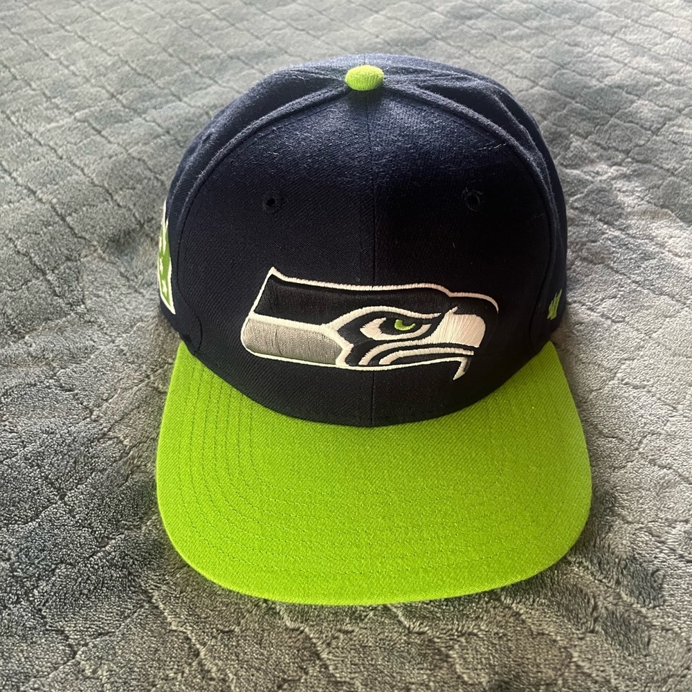 47 Brand Seattle Seahawks NFL Hat Mens Navy Blue Lime Green Strapback Cap